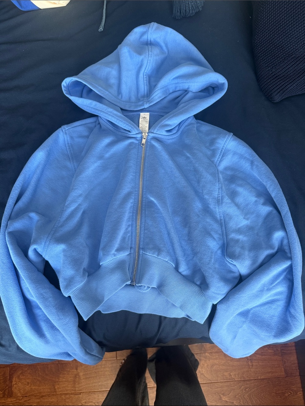 Blue Hooded Zip-Front Cropped Women's Sweater